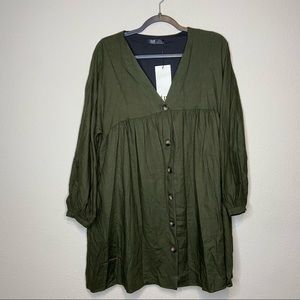 NWT ZARA Green Button Front Babydoll Dress Large